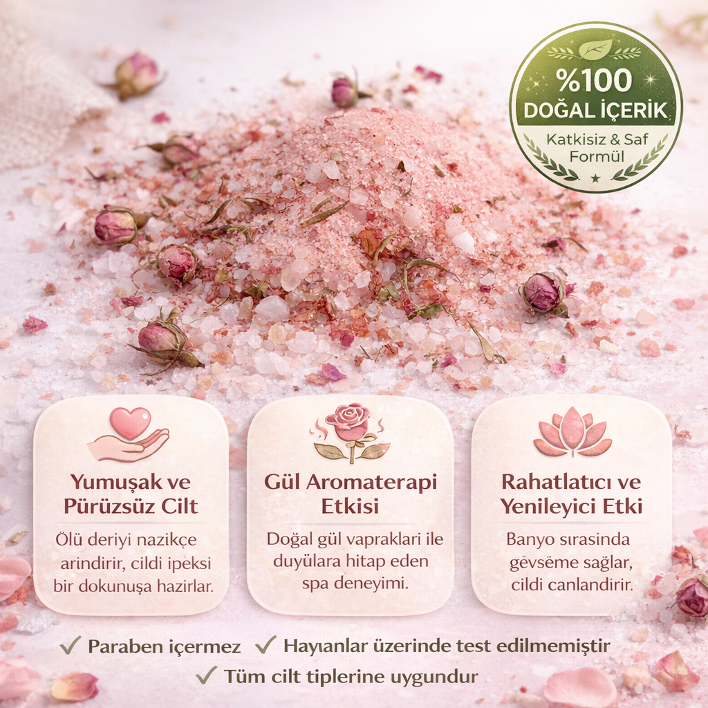 Gül Esanslı Mineral Banyo Tuzu 225 Gr – Doğal Gül Yapraklı Spa & Peeling Tuz, Rahatlatıcı Aromaterapi Etkili